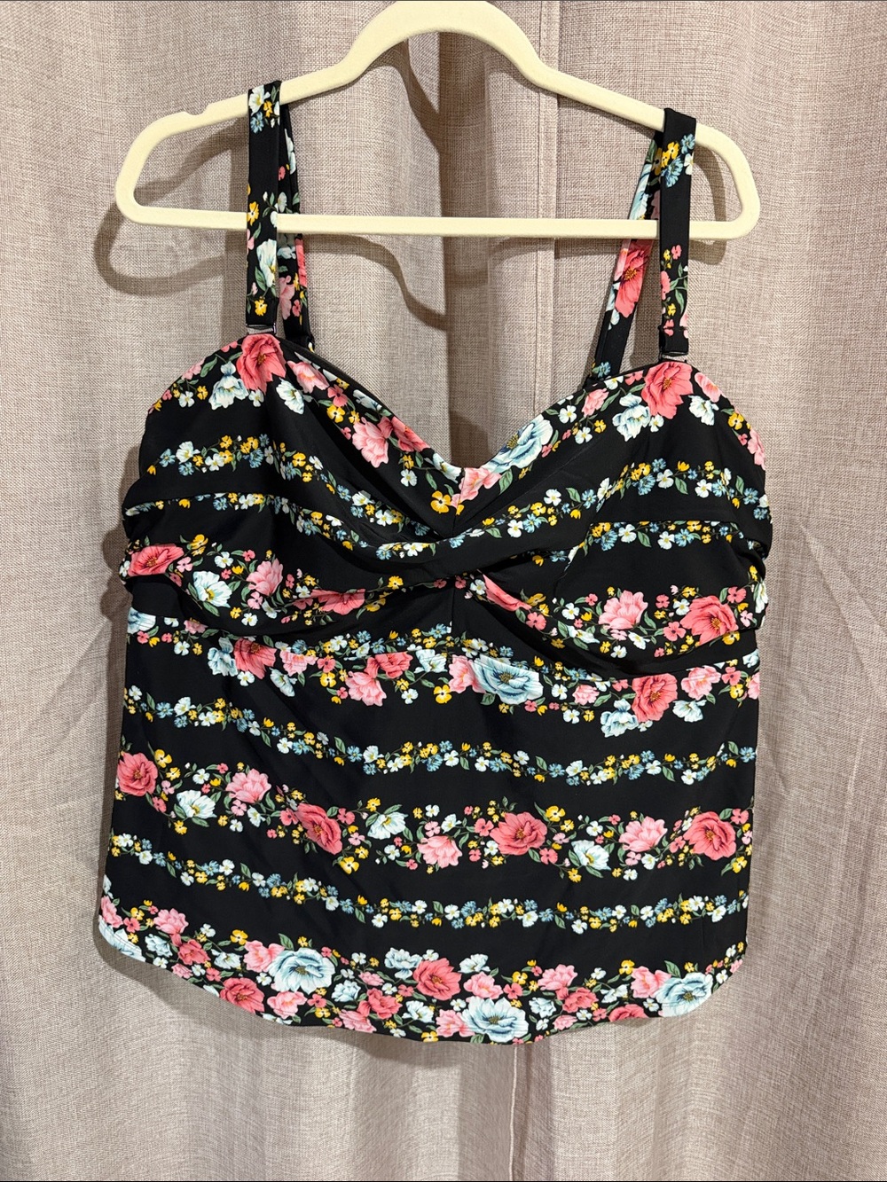 Old Navy Black Floral Swim Top with Pink and Light Blue Roses